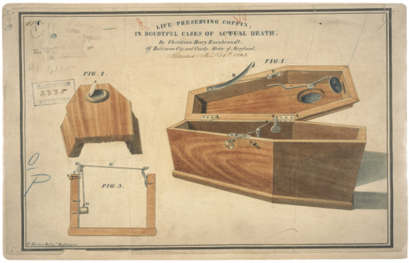 Thanks to Michael Robinson for the link to the illustration. 11/15/1843 Records of the Patent and Trademark Office National Archives Identifier: 595517 This is the printed patent drawing for a life - preserving coffin invented by Christian H. Eisenbrandt. Additional Details from our Exhibits and Publications: “Life-preserving coffin” The fear of being buried alive led Christian Henry Eisenbrandt to patent a “life-preserving coffin in doubtful cases of actual death.” In his application, he claimed that through a series of springs and levers, even the slightest motion of the head or hand would instantaneously open the coffin lid.
