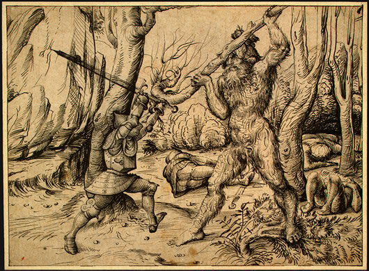 A knight and a wildman fight in a forest. By Hans Burgkmair.