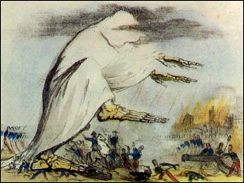 Cholera searching for his big clown shoes. Illustration of Cholera being spread by Miasma, by Robert Seymour