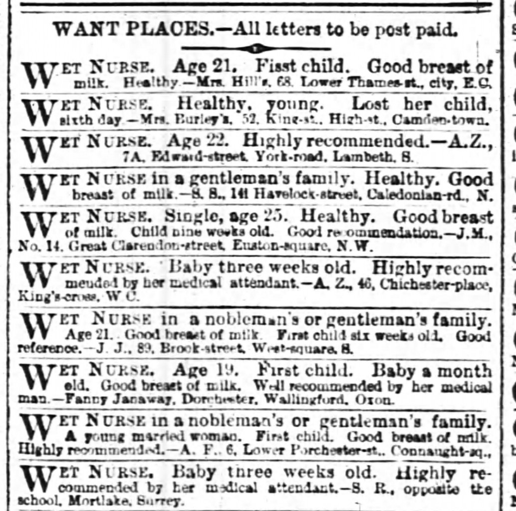 A Clairvoyant Chooses the Wet-Nurse 1860 wet nurse ads The_Times_Fri__May_4__1860_p 31 WET NURSE ADS