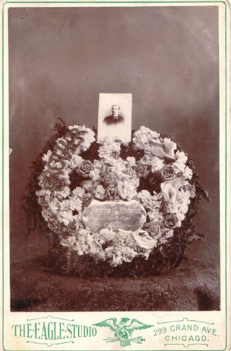 Funeral wreath with coffin plate and photo of deceased. Private Collection