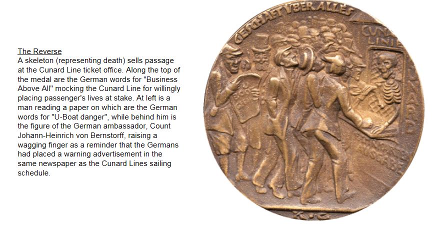 Lusitania medal with a skeleton ticket-seller. http://lusitaniamedal.com/medal.html