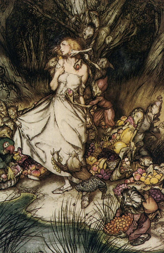 Taken by the Fairies in Dubuque Illustration for "Goblin Market," Christina Rossetti, by Arthur Rackham, 1933